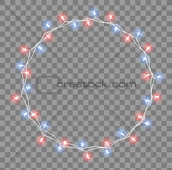 Glowing garland with small lamps. Garlands Christmas decorations lights effects. Glowing lights Garlands Xmas Holiday greeting card design. Vector illustration, clipart.