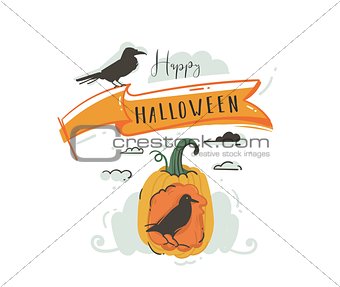 Hand drawn vector abstract cartoon Happy Halloween illustrations party design elements with ravens,pumpkin and modern calligraphy quote Happy Halloween isolated on white background