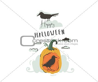 Hand drawn vector abstract cartoon Happy Halloween illustrations party design elements with ravens,pumpkin and modern calligraphy quote Happy Halloween isolated on white background.
