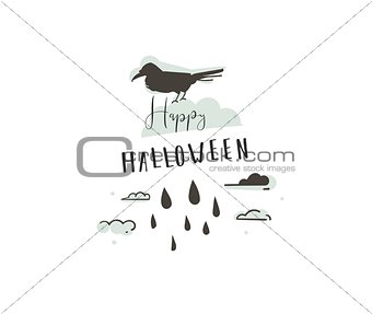 Hand drawn vector abstract cartoon Happy Halloween illustrations party design elements with raven and modern calligraphy quote Happy Halloween isolated on white background