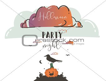Hand drawn vector abstract cartoon Happy Halloween illustrations party poster card with ravens,bats,pumpkins on cemetery and modern calligraphy Halloween party night isolated on white background