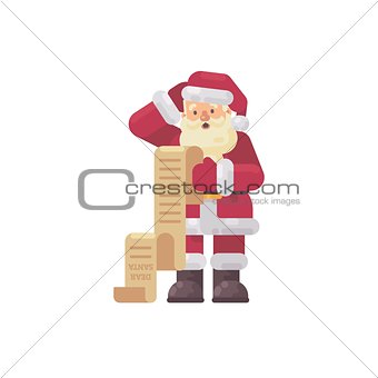 Confused Santa Claus reading a kids letter. Christmas character 