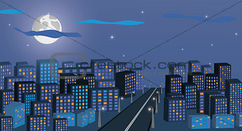 Night cityscape against the background of the night sky and the big moon. A long city street with lights on.