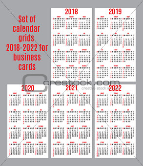 vector set of calendar grid for years 2018-2022 for business cards on white background