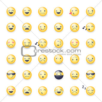 Smileys vector icon set. Emoticons pictograms. Happy, merry, singing, sleeping, ninja, crying, in love and other round yellow smileys. Large collection of smiles