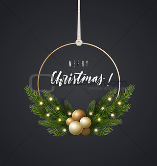 Fashionable decoration with spruce branches and Christmas balls. Christmas wreath, vector illustration.