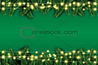 Fir Branch with Neon Lights on Green Background.
