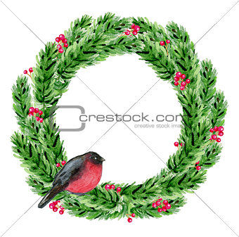 Watercolor Christmas wreath with bullfinch
