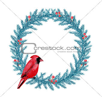 Watercolor Christmas wreath with cardinal