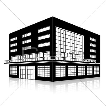 silhouette office building with an entrance and reflection