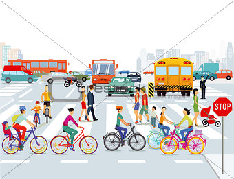City with cars, cyclists and pedestrians