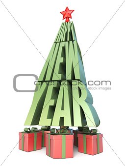 Abstract Christmas tree made of words HAPPY NEW YEAR and gifts u