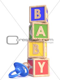Word BABY made of wooden blocks toy and baby pacifier 3D