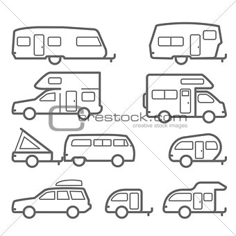Caravans and camper trailers - road trip icons