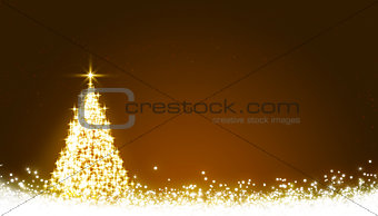 Glowing Christmas tree with star and snow. Christmas background.