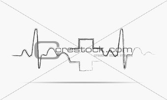 Heartbeat sign with medical cross. Vector illustration.