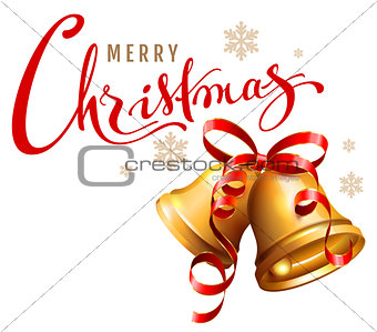Merry Christmas calligraphy text. Golden bell with red ribbon symbol accessory christmas