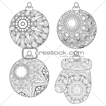 Zentangle stylized Christmas decorations. Hand Drawn lace vector illustration
