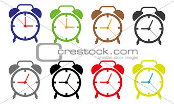 vector Time Clock Icons, Illustration of isolated alarm clocks on white