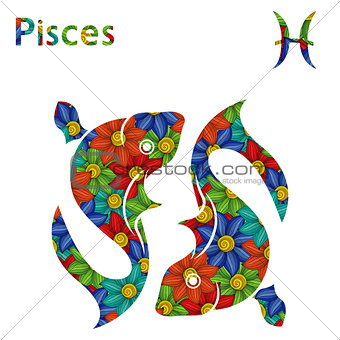 Zodiac sign Pisces with stylized flowers