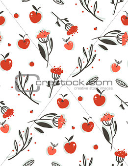 Hand drawn vector abstract greeting cartoon autumn graphic decoration seamless pattern with berries,leaves,branches and apple harvest isolated on white background