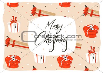 Hand drawn vector abstract fun Merry Christmas time cartoon illustration greeting card with many colorful surprise gift boxes and modern rough xmas calligraphy isolated on craft paper background