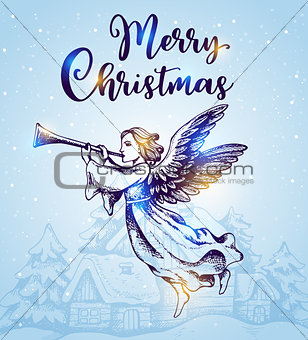 Christmas angel flies over houses