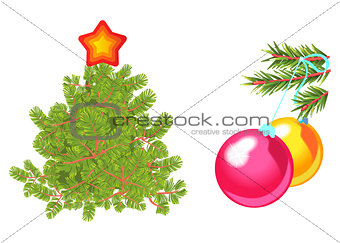 Fir tree decorated with star and green spruce branch with toy balls. Isolated on white vector illustration.