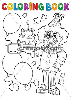Coloring book clown holding cake