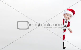 Santa Claus baby hold white advertisment banner blank