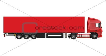 Large red truck with a semitrailer. Template for placing graphics. 3d rendering.