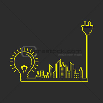 Energy concept with Electric bulb,plug and cityscape