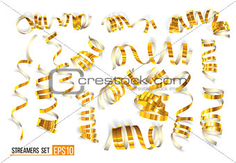Set of gold curling streamers on white