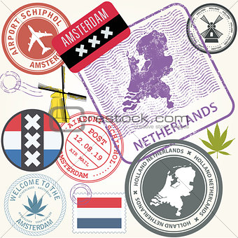 Netherlands travel stamps set - Holland journey symbols, Amsterd