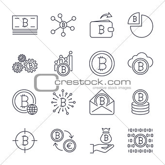 Set of line stroke vector bitcoin and cryptocurrency icons. Mining, coin, pickaxe, gold, money, exchange. Icons set for apps, programs, sites and other. Editable Stroke.