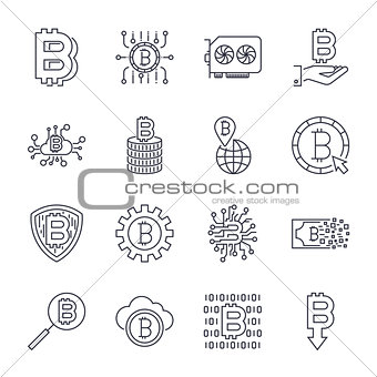 Set of vector bitcoin line icons. Investments, payments and exchange, internet banking, wallet, bundle of money, hand with a coin and more. Editable Stroke.