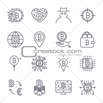 Set of vector bitcoin line icons. Investments, payments and exchange, internet banking, wallet, bundle of money, hand with a coin and more. Editable Stroke