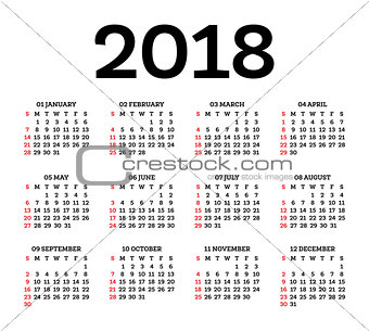 Calendar 2018 Isolated on White Background.