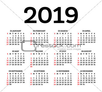 Calendar 2019 Isolated on White Background. Week starts from Sun
