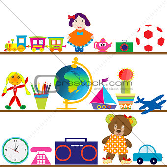 Colorful baby toys on shelves
