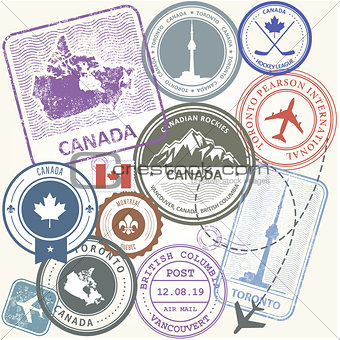 Canada travel stamps set -  journey symbols of Toronto, Canada a