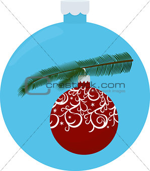 Christmas tree branch with red ball isolated on blue ball