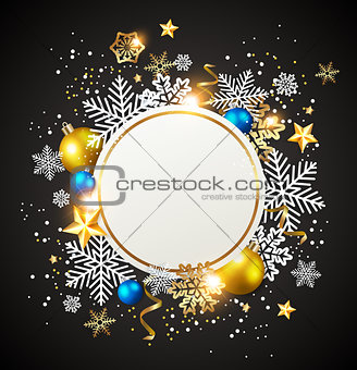 White snowflakes and golden decorations