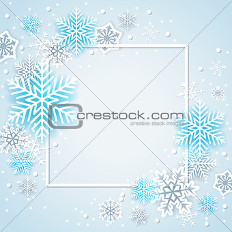 White and blue snowflakes in frame