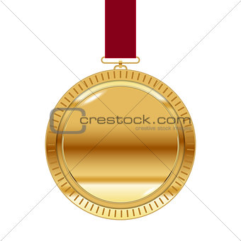 Gold medal on red ribbon isolated on white. Vector