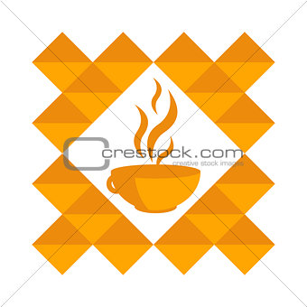 Orange cup of hot coffee, tea in a pattern on a white background