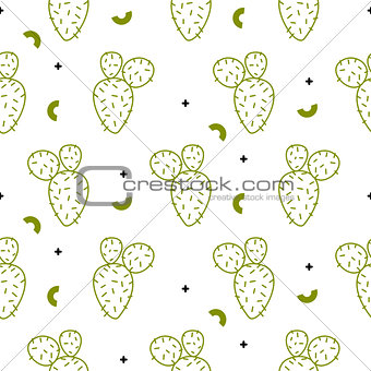 Cactus simple green line style vector pattern.