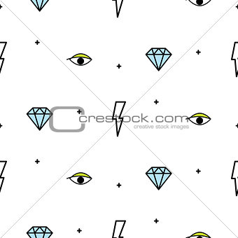 Doodle hipster lightning, eye and diamond seamless vector pattern.