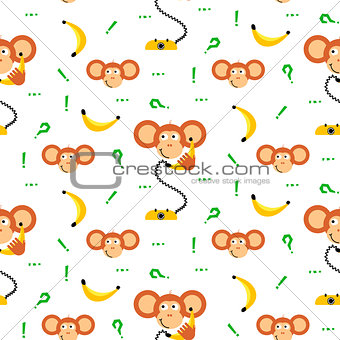 Monkey kid with banana seamless vector pattern for textile print.