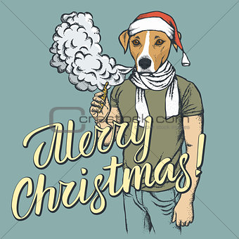 Dog vaping an electronic cigarette on Christmas